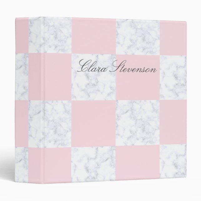 Elegant modern white marble pink checkered 3 ring binder (Front/Spine)
