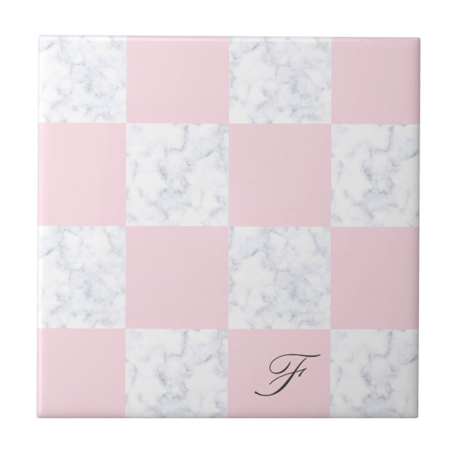 Elegant modern white marble pink checkered ceramic tile (Front)