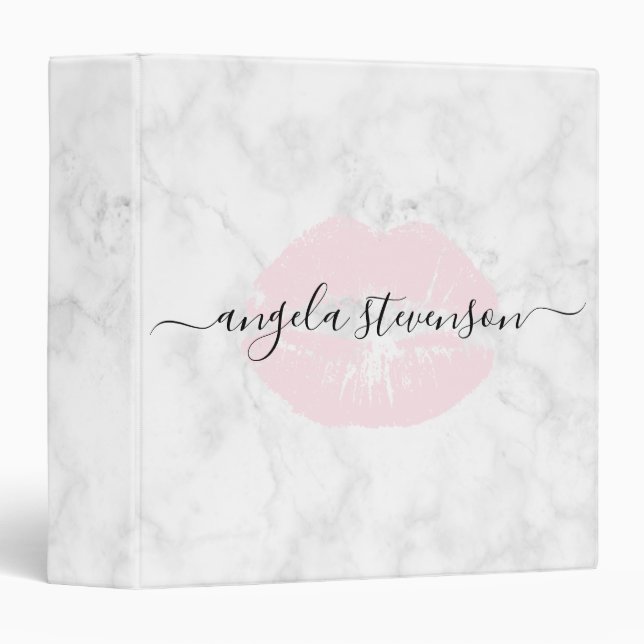 Elegant modern white marble & pink lips 3 ring binder (Front/Spine)