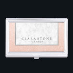 Elegant modern white marble & rose gold glitter business card case<br><div class="desc">Beautiful combination of white marble,  faux copper rose gold glitter and silver texture.</div>
