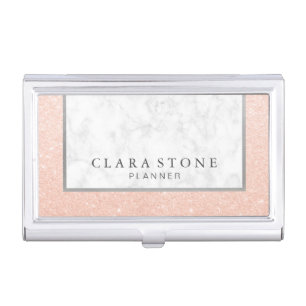Elegant modern white marble & rose gold glitter business card case