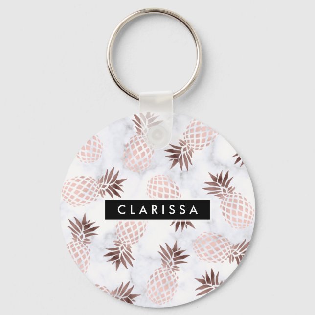 elegant modern white marble rose gold pineapple keychain (Front)