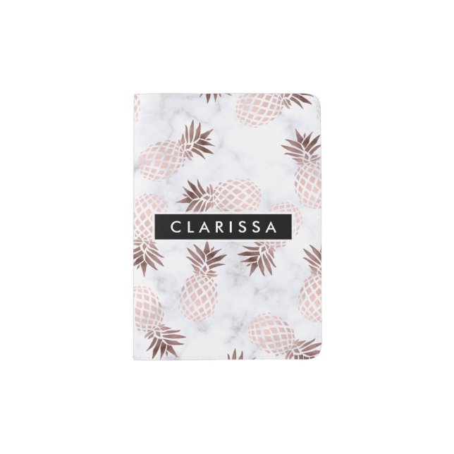 elegant modern white marble rose gold pineapple passport holder (Front)