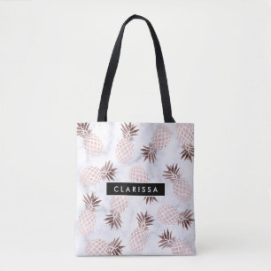 elegant modern white marble rose gold pineapple tote bag