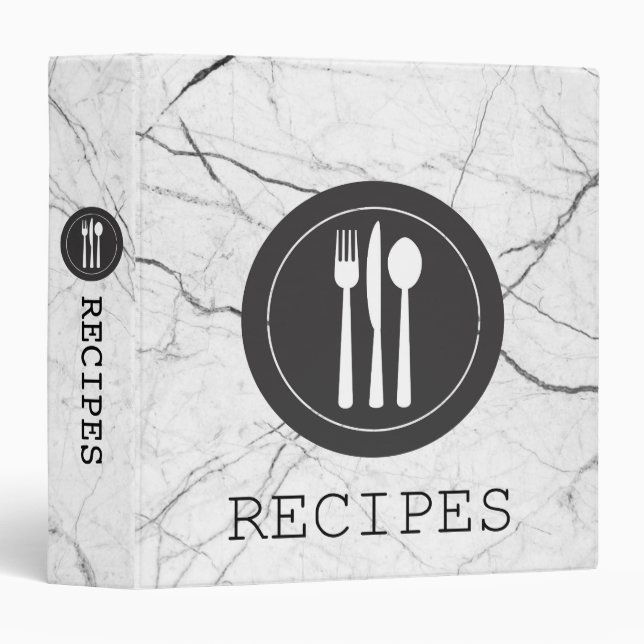 Elegant Modern White Marble Silverware Recipe 3 Ring Binder (Front/Spine)