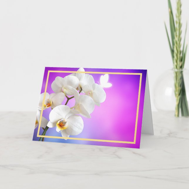 Elegant Modern White Orchids Flowers Golden Frame Card (Front)
