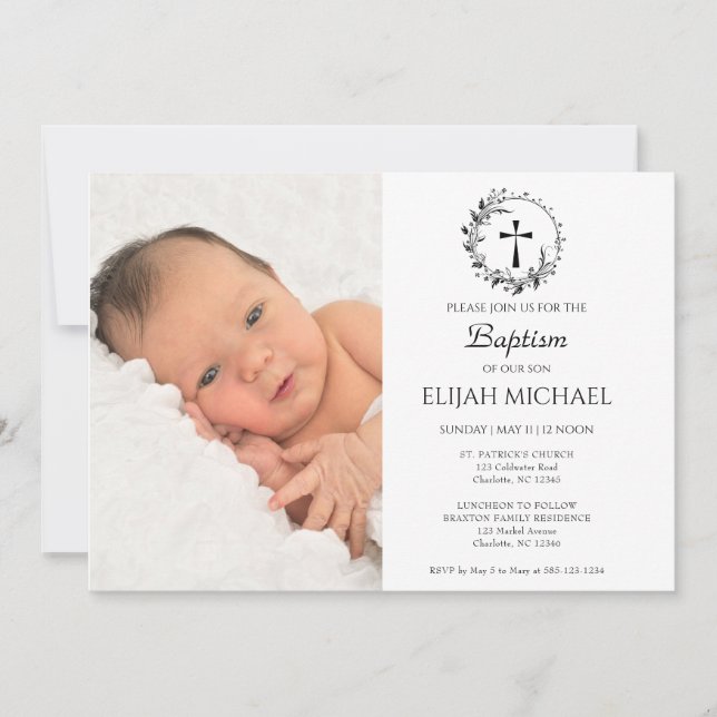 Elegant Modern White Photo Baptism Invitation (Front)