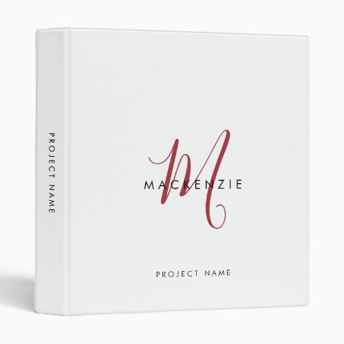 Elegant Modern White Red Script Monogram 3 Ring Binder