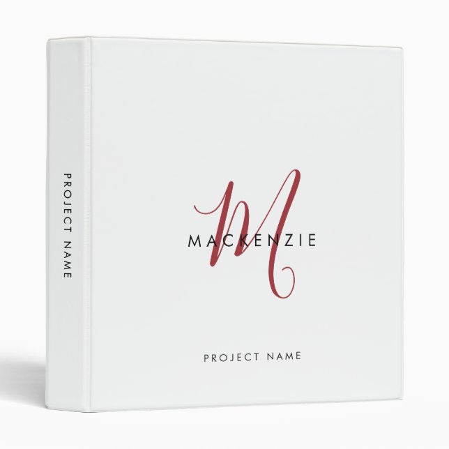 Elegant Modern White Red Script Monogram 3 Ring Binder (Front/Spine)
