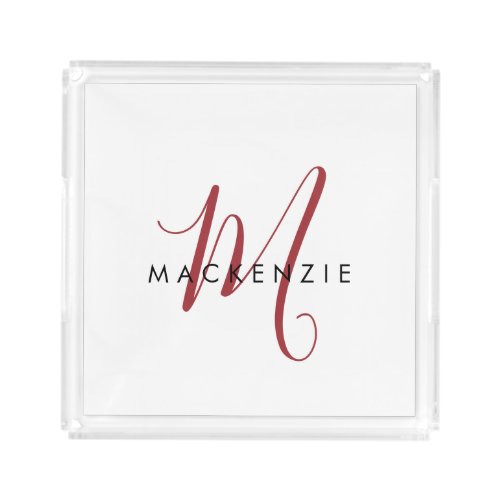 Elegant Modern White Red Script Monogram Acrylic Tray