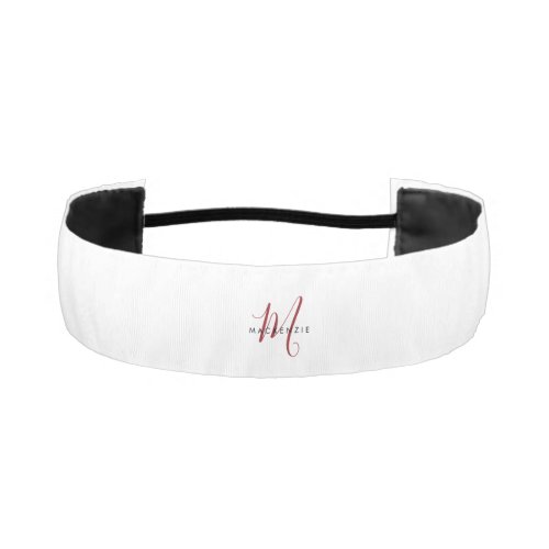 Elegant Modern White Red Script Monogram Athletic Headband