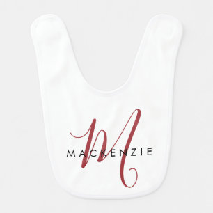 Elegant Modern White Red Script Monogram Baby Bib