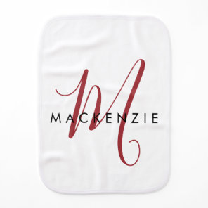 Elegant Modern White Red Script Monogram Baby Burp Cloth