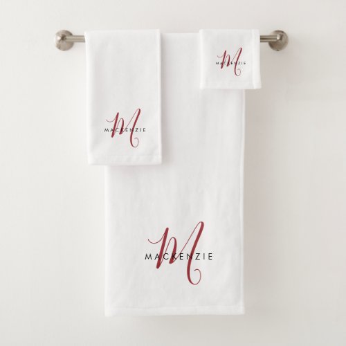 Elegant Modern White Red Script Monogram Bath Towel Set