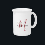 Elegant Modern White Red Script Monogram Beverage Pitcher<br><div class="desc">Elegant Modern White Red Script Monogram pitcher.  An elegant red script monogram combined with a clean black san-serif font makes for a contemporary look.</div>