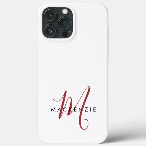 Elegant Modern White Red Script Monogram  iPhone 13 Pro Max Case