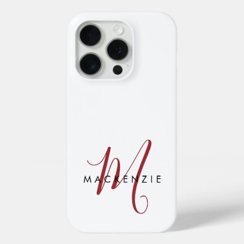 Elegant Modern White Red Script Monogram  iPhone 15 Pro Case