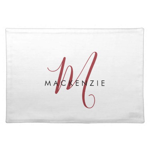 Elegant Modern White Red Script Monogram Cloth Placemat