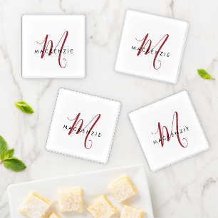Elegant Modern White Red Script Monogram Coaster S