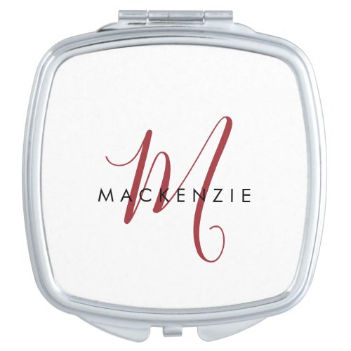 Elegant Modern White Red Script Monogram Compact Mirror