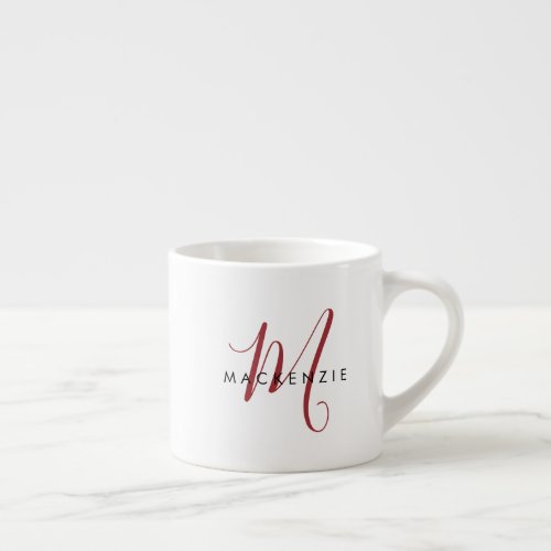 Elegant Modern White Red Script Monogram Espresso Cup