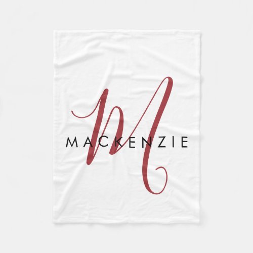 Elegant Modern White Red Script Monogram Fleece Blanket