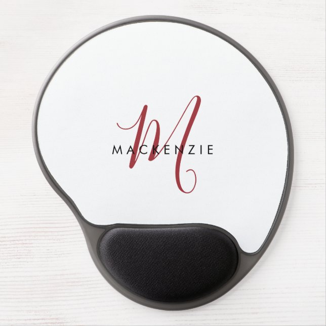 Elegant Modern White Red Script Monogram Gel Mouse Pad (Front)