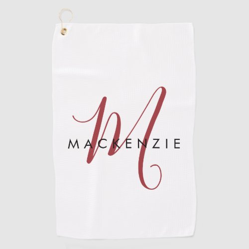 Elegant Modern White Red Script Monogram Golf Towel