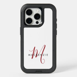 Elegant Modern White Red Script Monogram  iPhone 15 Pro Case