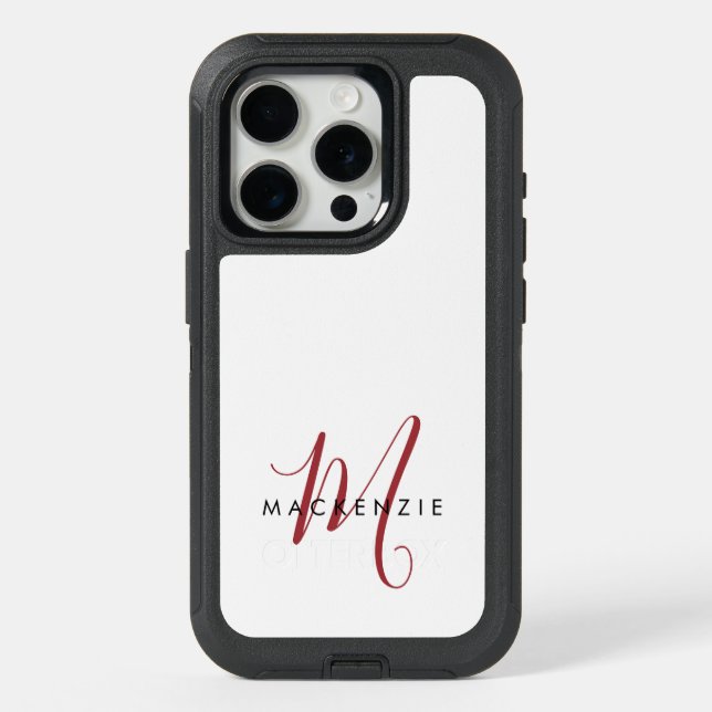 Elegant Modern White Red Script Monogram  iPhone 15 Pro Case (Back)
