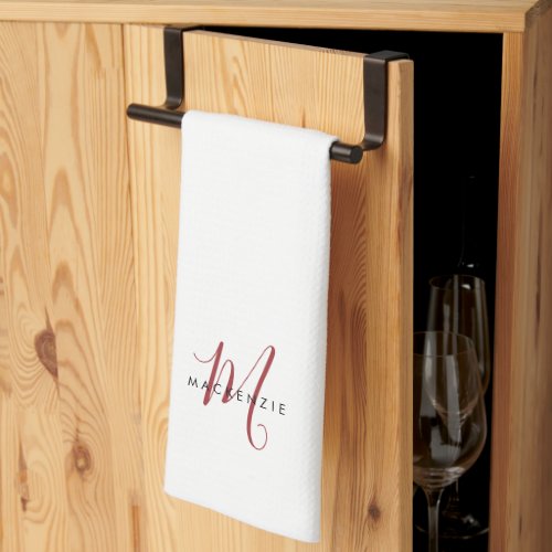 Elegant Modern White Red Script Monogram Kitchen Towel