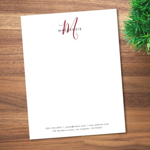 Elegant Modern White Red Script Monogram Letterhead