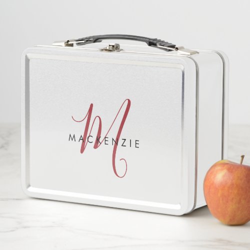 Elegant Modern White Red Script Monogram Metal Lunch Box