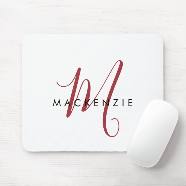 Elegant Modern White Red Script Monogram Mouse Pad (With Mouse)