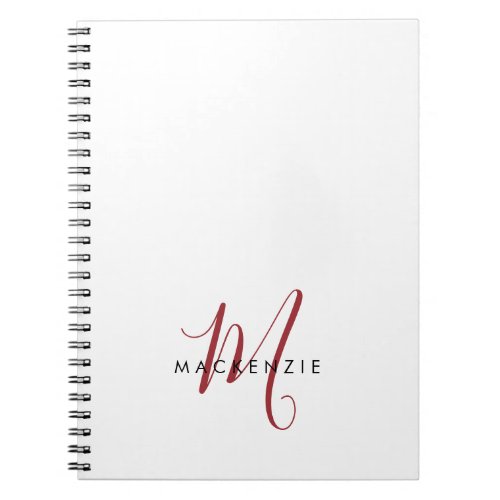 Elegant Modern White Red Script Monogram Notebook
