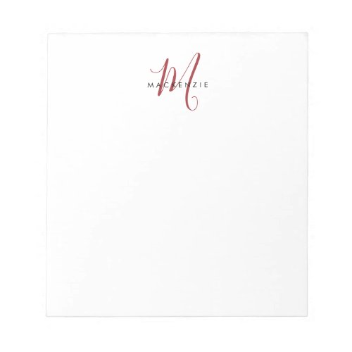 Elegant Modern White Red Script Monogram Notepad