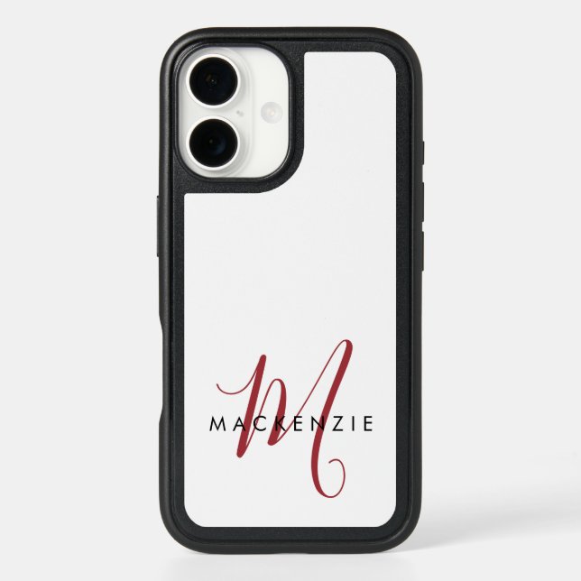 Elegant Modern White Red Script Monogram Otterbox iPhone Case (Back)