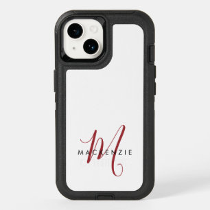 Elegant Modern White Red Script Monogram  OtterBox iPhone 14 Case