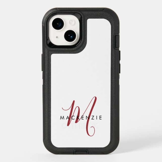 Elegant Modern White Red Script Monogram  Otterbox iPhone Case (Back)