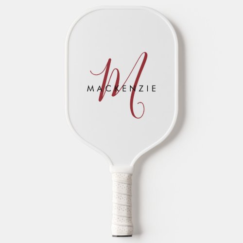 Elegant Modern White Red Script Monogram Pickleball Paddle