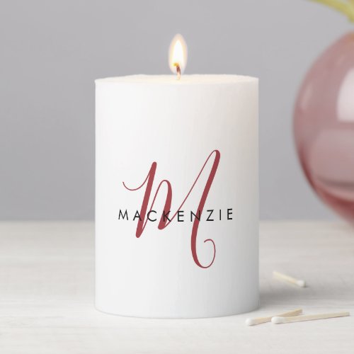 Elegant Modern White Red Script Monogram Pillar Candle