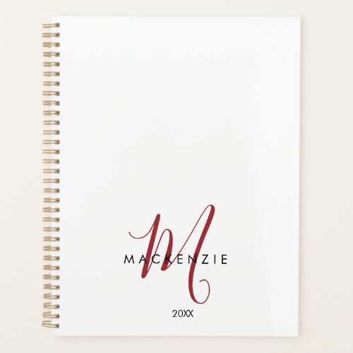 Elegant Modern White Red Script Monogram Planner