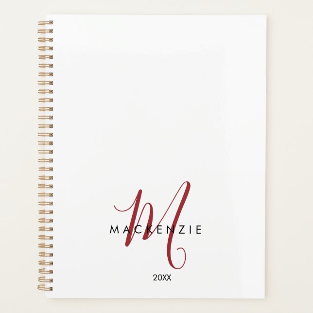 Elegant Modern White Red Script Monogram Planner (Front)