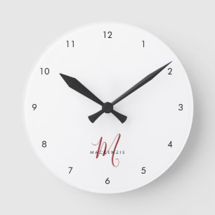 Elegant Modern White Red Script Monogram Round Clock