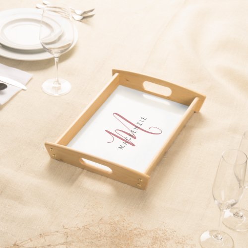 Elegant Modern White Red Script Monogram Serving Tray