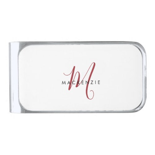 Elegant Modern White Red Script Monogram Silver Finish Money Clip