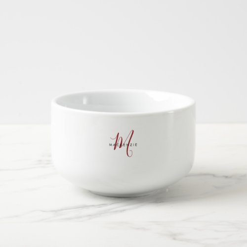 Elegant Modern White Red Script Monogram Soup Mug