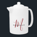 Elegant Modern White Red Script Monogram Teapot<br><div class="desc">Elegant Modern White Red Script Monogram teapot.  An elegant red script monogram combined with a clean black san-serif font makes for a contemporary look.</div>