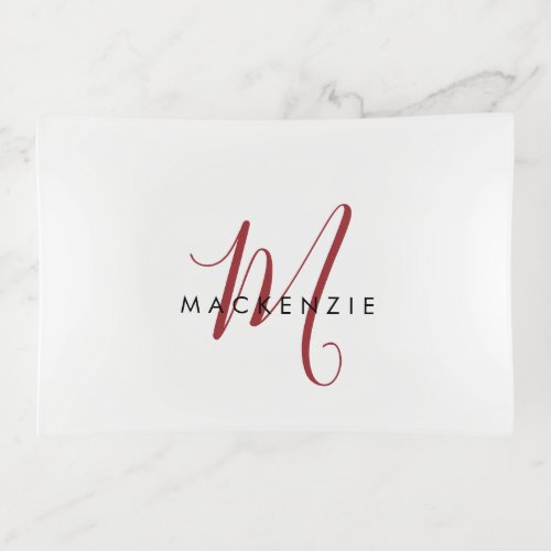 Elegant Modern White Red Script Monogram Trinket Tray