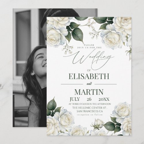 Elegant Modern White Rose Florals Wedding Invitation